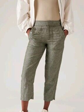 Athleta Voyager Cropped 100% Linen Green Pants Size 6